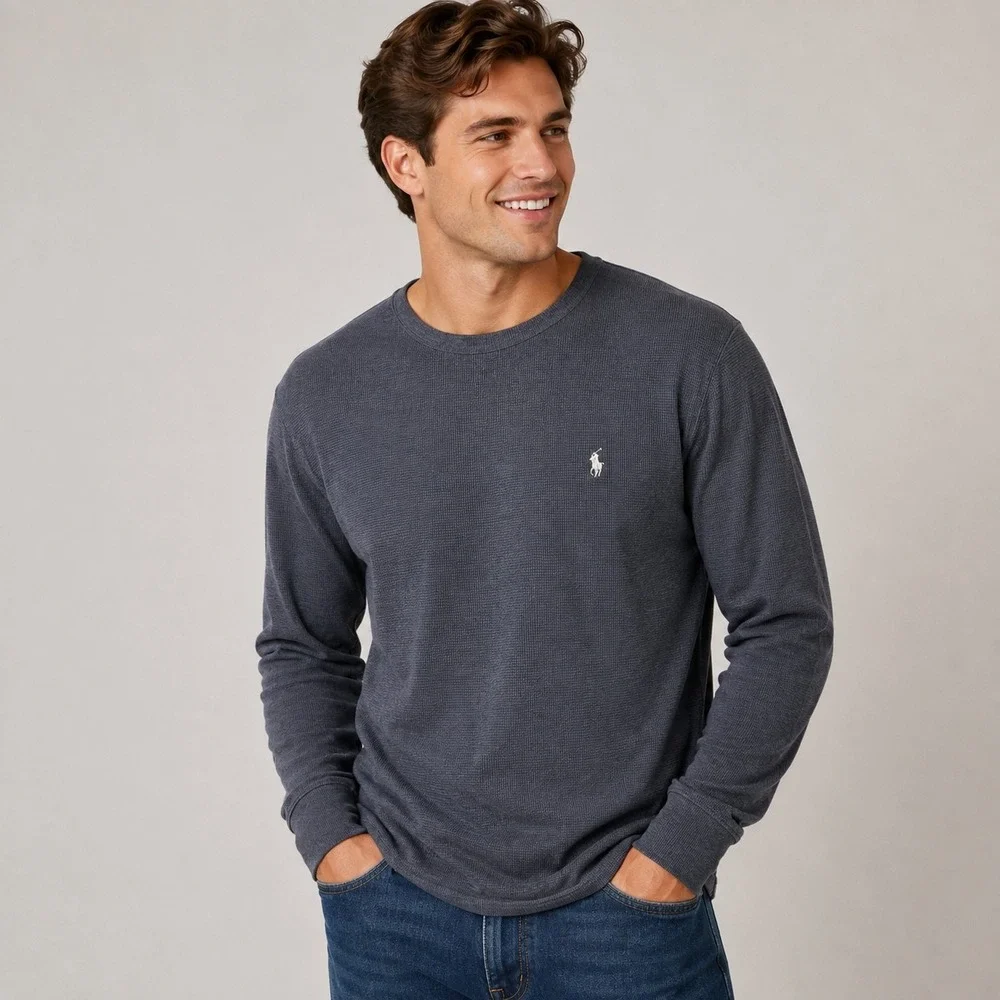 Polo Ralph Lauren Mens Waffle Knit Thermal Long Sleeve Shirt Charcoal Grey Logo